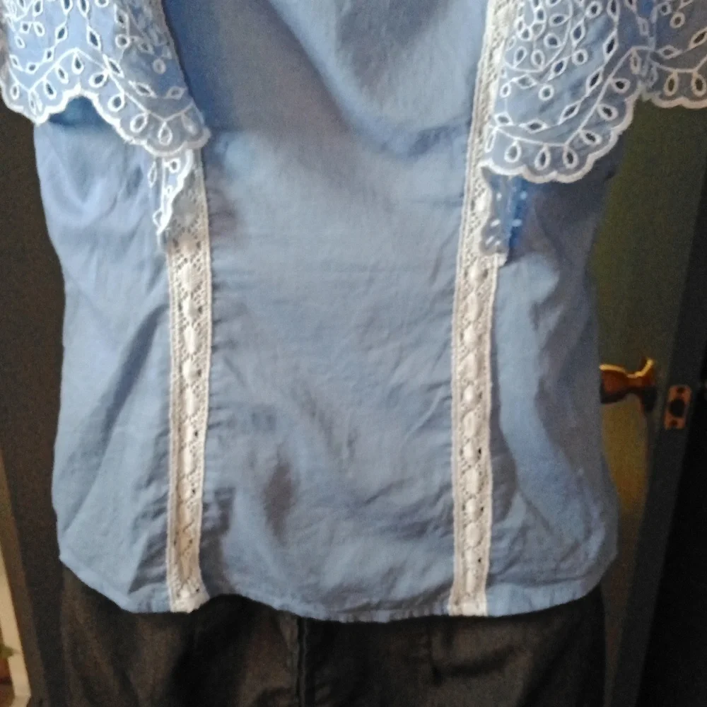 ANTHROPOLOGIE So Cute Lace Trim Blue Ruffle Flutter Sleeved With Lace Top Sz 2 - Picture 7 of 10